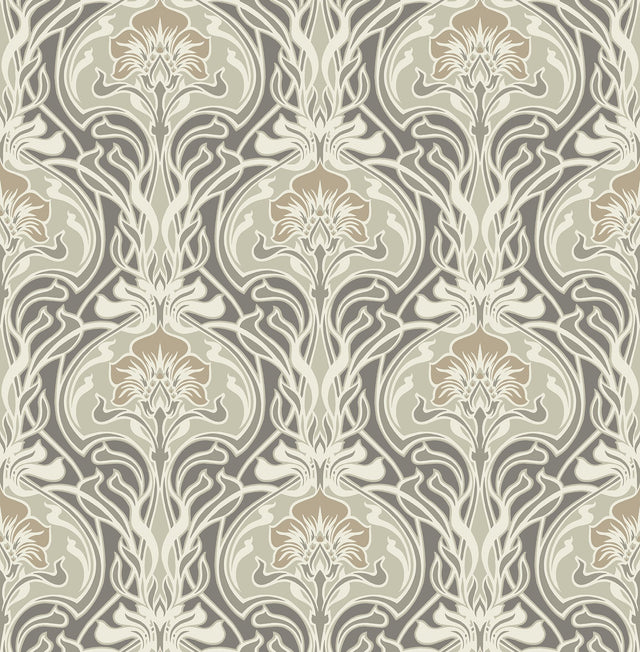 Mucha Dark Grey Botanical Ogee Wallpaper with Metallic Art Nouveau Floral - A-Street Prints 2970-26150