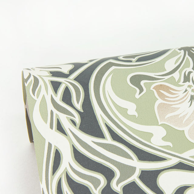 Mucha Dark Grey Botanical Ogee Wallpaper with Metallic Art Nouveau Floral - A-Street Prints 2970-26150