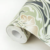 Mucha Dark Grey Botanical Ogee Wallpaper with Metallic Art Nouveau Floral - A-Street Prints 2970-26150