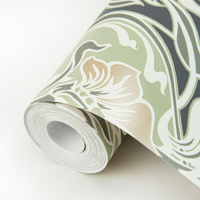 Mucha Dark Grey Botanical Ogee Wallpaper with Metallic Art Nouveau Floral - A-Street Prints 2970-26150
