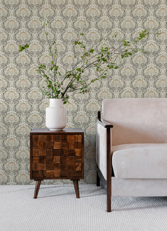 Mucha Dark Grey Botanical Ogee Wallpaper with Metallic Art Nouveau Floral - A-Street Prints 2970-26150