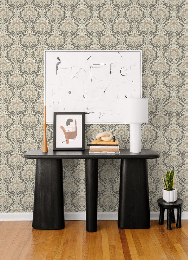 Mucha Dark Grey Botanical Ogee Wallpaper with Metallic Art Nouveau Floral - A-Street Prints 2970-26150