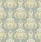 Mucha Teal Botanical Ogee Wallpaper with Metallic Art Nouveau Floral Ogee - A-Street Prints 2970-26151