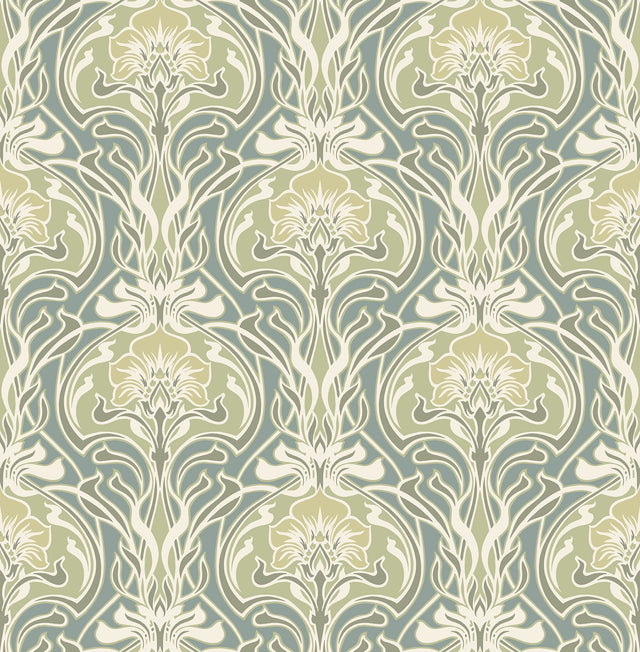 Mucha Teal Botanical Ogee Wallpaper with Metallic Art Nouveau Floral Ogee - A-Street Prints 2970-26151