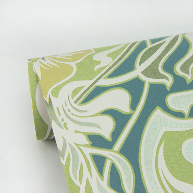 Mucha Teal Botanical Ogee Wallpaper with Metallic Art Nouveau Floral Ogee - A-Street Prints 2970-26151