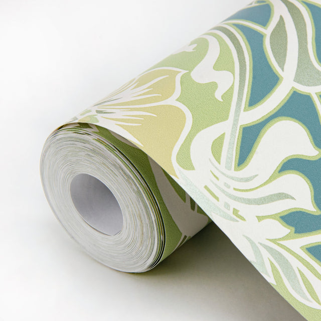 Mucha Teal Botanical Ogee Wallpaper with Metallic Art Nouveau Floral Ogee - A-Street Prints 2970-26151