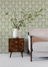 Mucha Teal Botanical Ogee Wallpaper with Metallic Art Nouveau Floral Ogee - A-Street Prints 2970-26151