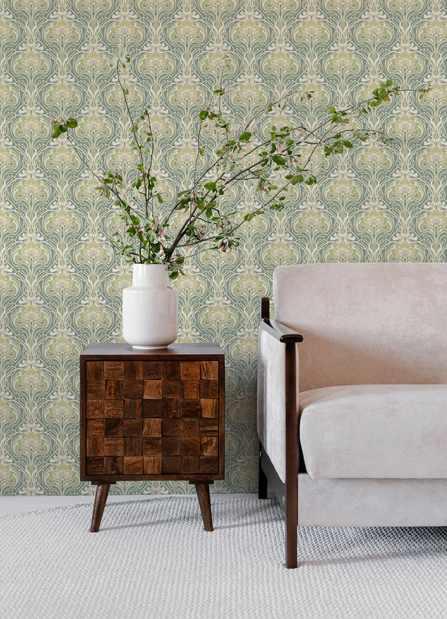 Mucha Teal Botanical Ogee Wallpaper with Metallic Art Nouveau Floral Ogee - A-Street Prints 2970-26151