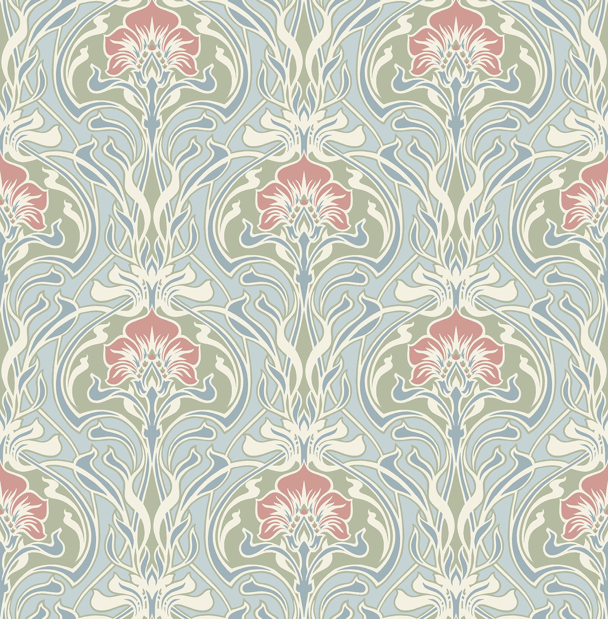 Mucha Light Blue Botanical Ogee Wallpaper with Metallic Art Nouveau Floral Motif - A-Street Prints 2970-26152