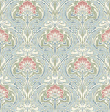 Mucha Light Blue Botanical Ogee Wallpaper with Metallic Art Nouveau Floral Motif - A-Street Prints 2970-26152