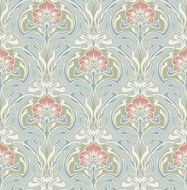 Mucha Light Blue Botanical Ogee Wallpaper with Metallic Art Nouveau Floral Motif - A-Street Prints 2970-26152