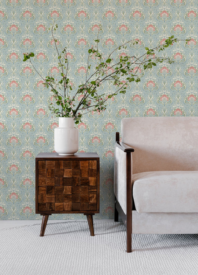 Mucha Light Blue Botanical Ogee Wallpaper with Metallic Art Nouveau Floral Motif - A-Street Prints 2970-26152