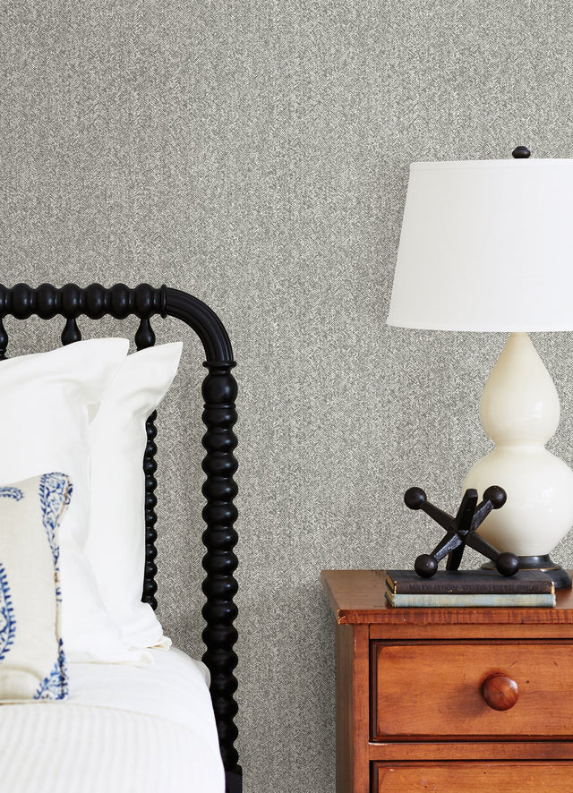 Ashbee Dark Grey Tweed Wallpaper with Distressed Chevron Faux Fabric Texture - Brewster 2970-26163