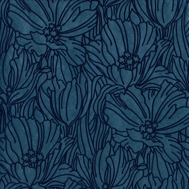 Selwyn Flock Dark Blue Floral Wallpaper with Metallic Botanical Glam Style - Brewster 2970-87356