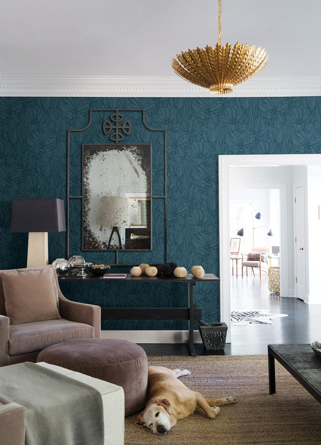 Selwyn Flock Dark Blue Floral Wallpaper with Metallic Botanical Glam Style - Brewster 2970-87356