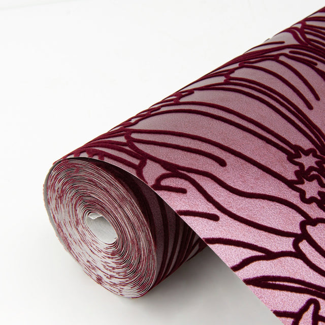 Selwyn Flock Burgundy Floral Wallpaper with Botanical Glam Motif - Brewster 2970-87357