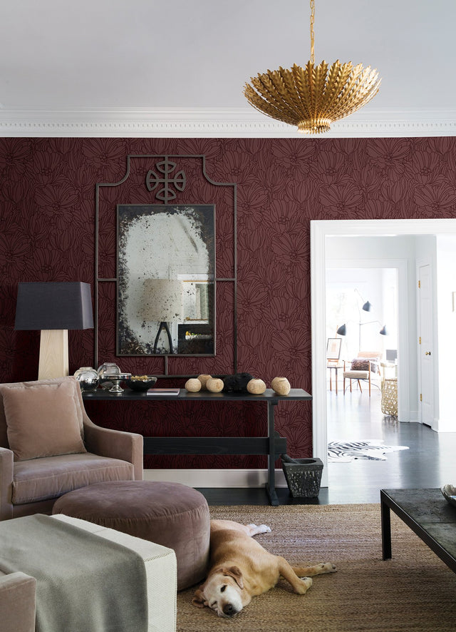 Selwyn Flock Burgundy Floral Wallpaper with Botanical Glam Motif - Brewster 2970-87357