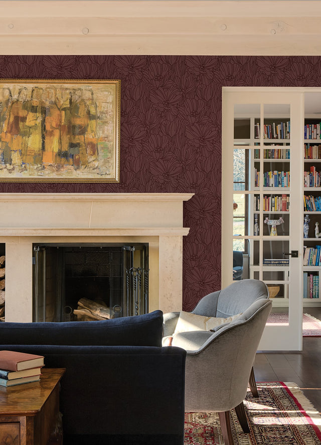 Selwyn Flock Burgundy Floral Wallpaper with Botanical Glam Motif - Brewster 2970-87357