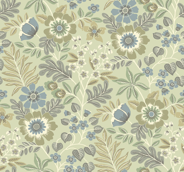 Voysey Green Floral Wallpaper with Retro Botanical Motif - A-Street Prints 2970-87532