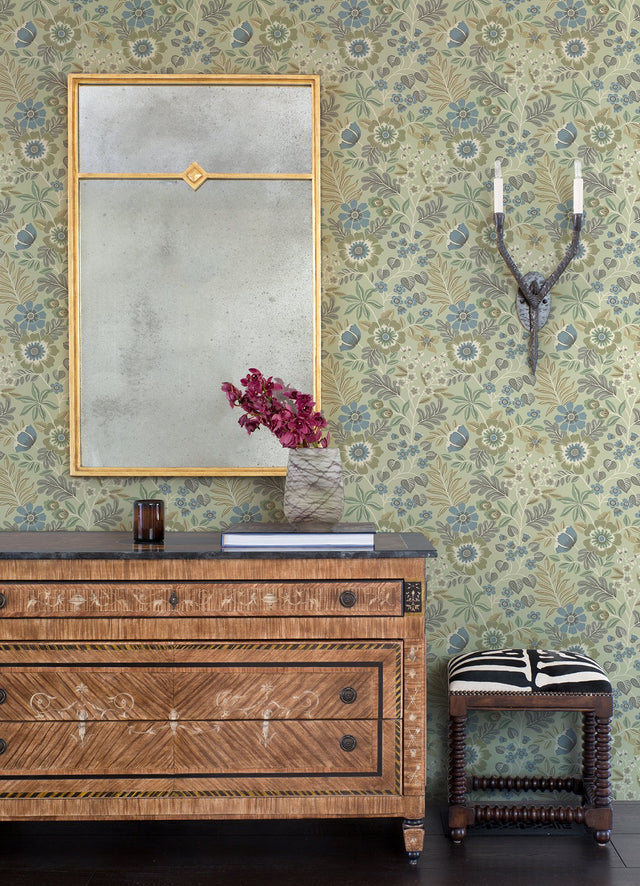 Voysey Green Floral Wallpaper with Retro Botanical Motif - A-Street Prints 2970-87532