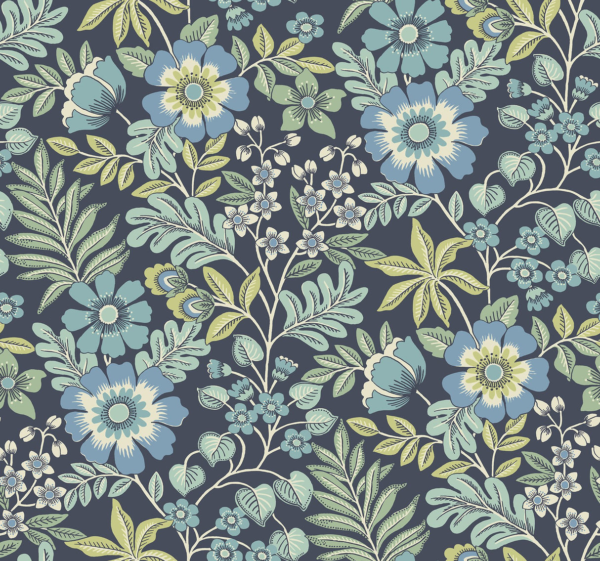 Voysey Navy Floral Wallpaper with Retro Botanical Motif - A-Street Prints 2970-87533