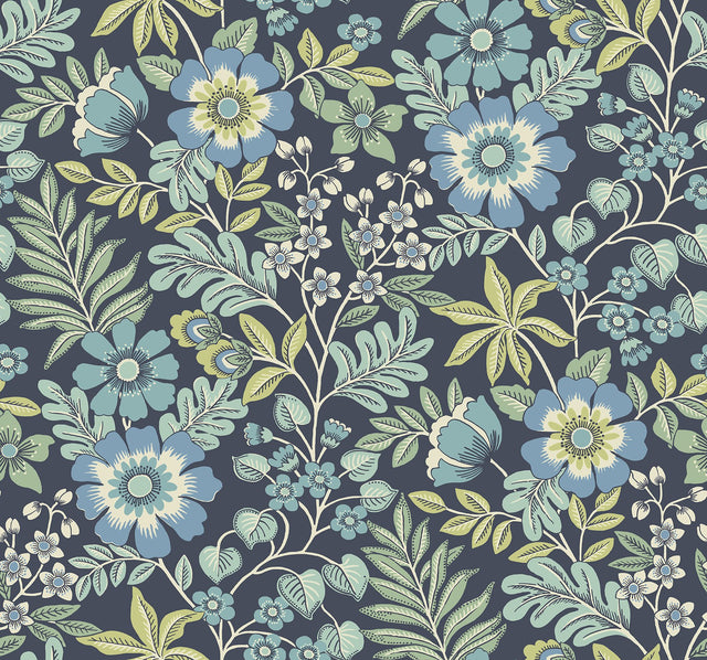 Voysey Navy Floral Wallpaper with Retro Botanical Motif - A-Street Prints 2970-87533