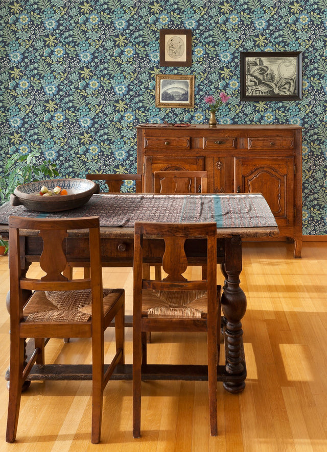 Voysey Navy Floral Wallpaper with Retro Botanical Motif - A-Street Prints 2970-87533