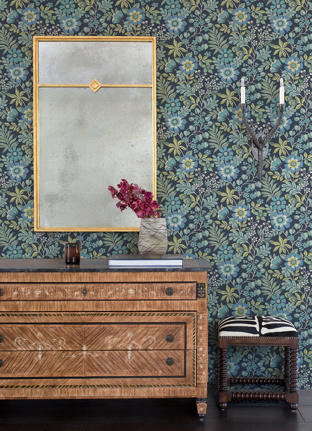 Voysey Navy Floral Wallpaper with Retro Botanical Motif - A-Street Prints 2970-87533
