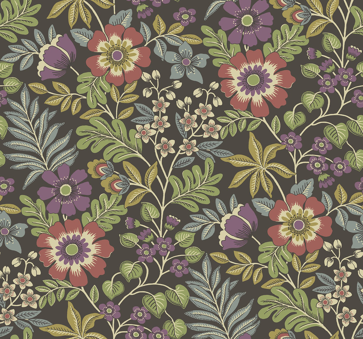 Voysey Brown Floral Wallpaper with Retro Botanical Motif - A-Street Prints 2970-87534