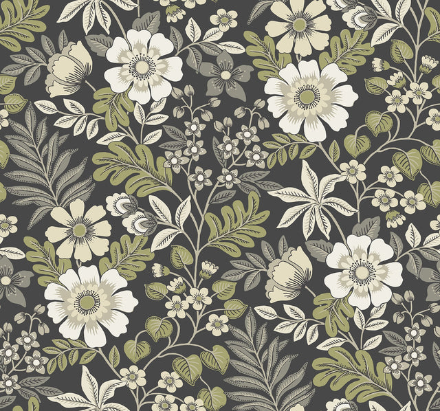 Voysey Black Floral Wallpaper with Retro Botanical Pattern - A-Street Prints 2970-87535
