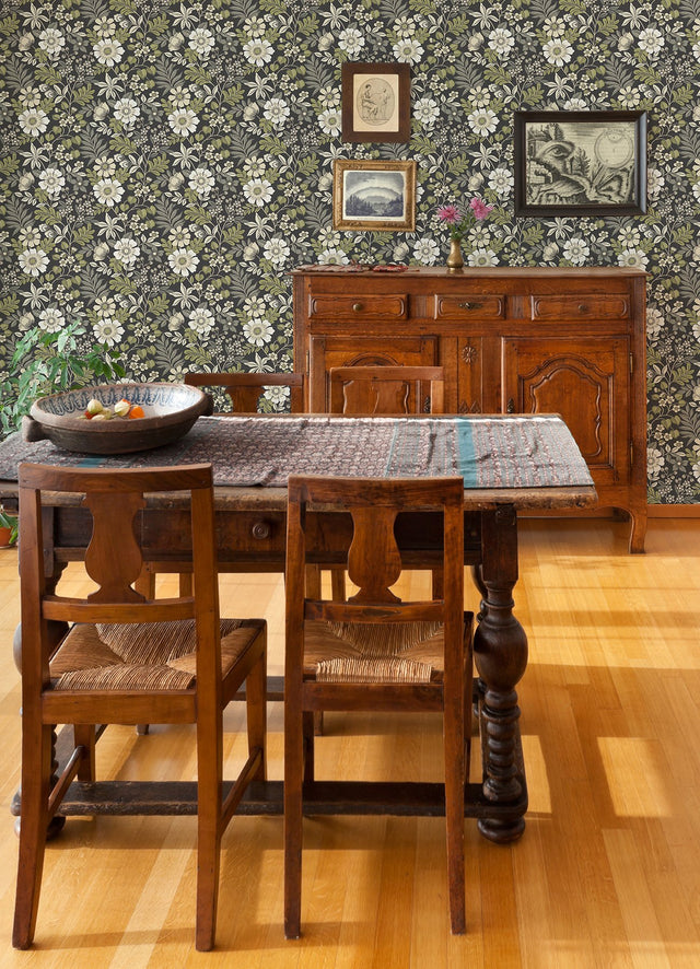 Voysey Black Floral Wallpaper with Retro Botanical Pattern - A-Street Prints 2970-87535