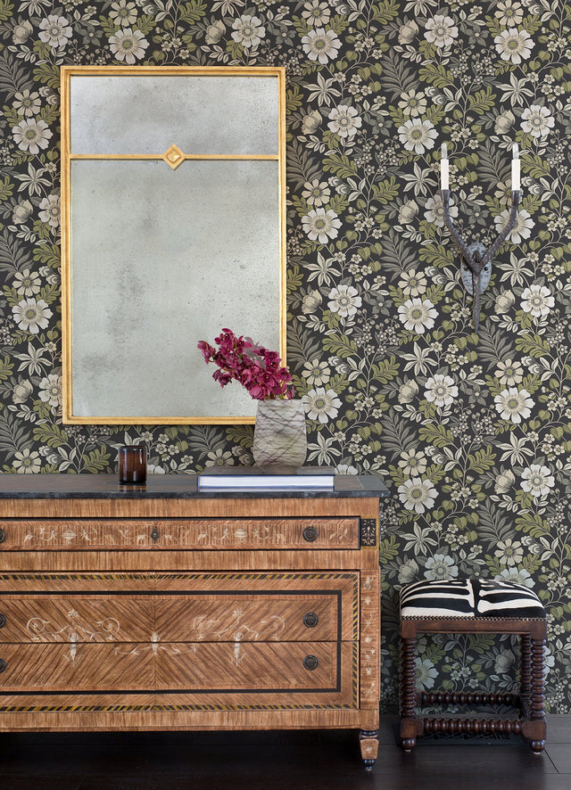 Voysey Black Floral Wallpaper with Retro Botanical Pattern - A-Street Prints 2970-87535