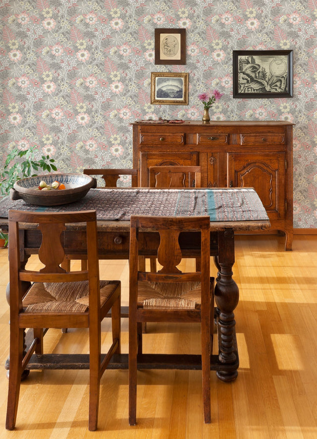 Voysey Pink Floral Wallpaper with Retro Botanical Pattern - A-Street Prints 2970-87536