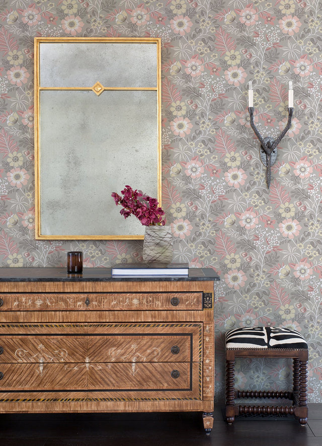 Voysey Pink Floral Wallpaper with Retro Botanical Pattern - A-Street Prints 2970-87536