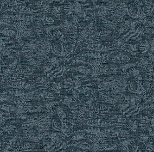 Lei Navy Etched Leaves Wallpaper with Farmhouse Botanical Leaf Pattern - A-Street Prints 2971-86153
