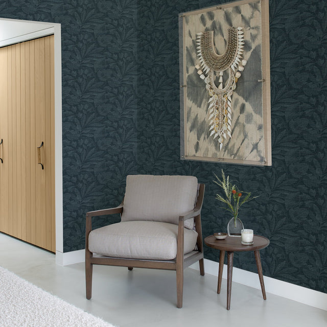 Lei Navy Etched Leaves Wallpaper with Farmhouse Botanical Leaf Pattern - A-Street Prints 2971-86153