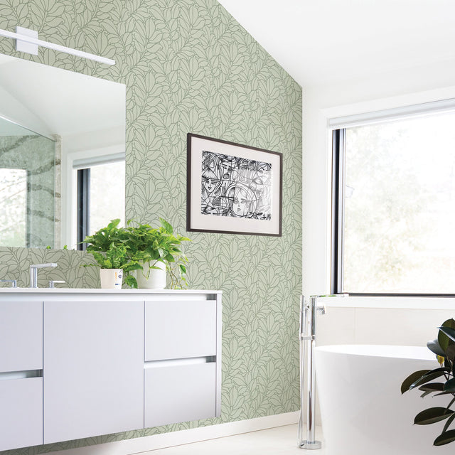 Coraline Green Leaf Wallpaper with Modern Botanical Pattern, Textured Raised Ink - A-Street Prints 2971-86320
