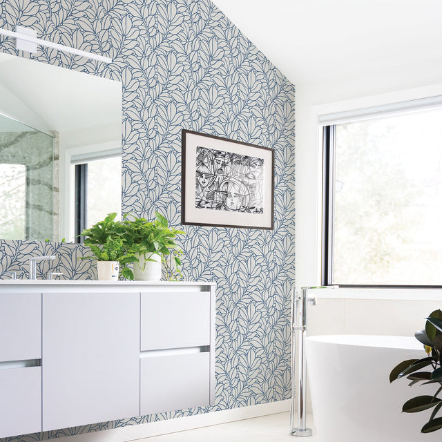 Coraline Blue Leaf Wallpaper with Modern Botanical Pattern - A-Street Prints 2971-86323