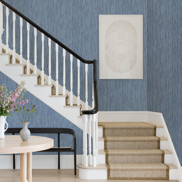 Justina Indigo Faux Grasscloth Wallpaper with Metallic Raised Ink Texture - A?Street Prints 2971-86342