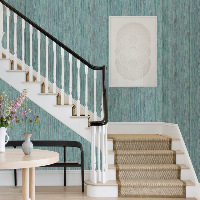 Justina Teal Faux Grasscloth Wallpaper with Metallic Raised Ink Texture - A-Street Prints 2971-86343