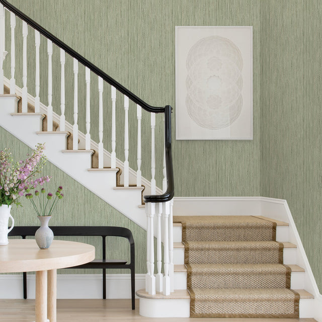Justina Green Faux Grasscloth Wallpaper with Metallic Raised Ink Texture - Brewster 2971-86344
