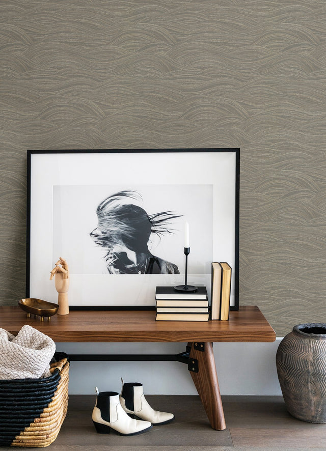 Leith Grey Zen Waves Wallpaper with Metallic Textured Abstract Geometric Pattern - A-Street Prints 2971-86361