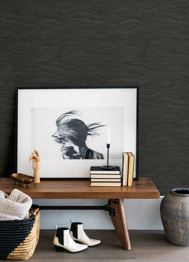Leith Black Zen Waves Wallpaper with Metallic Textured Abstract Geometric Style - A-Street Prints 2971-86363