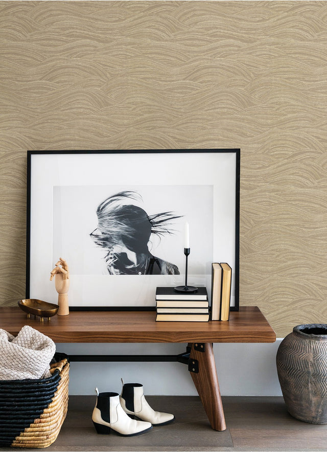 Leith Gold Zen Waves Wallpaper with Metallic Textured Abstract Geometric Motif - Brewster 2971-86364