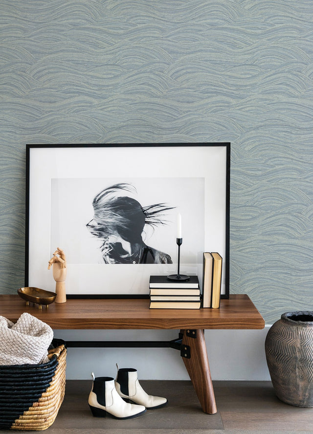 Leith Blue Zen Waves Wallpaper with Metallic Textured Geometric Abstract Pattern - Brewster 2971-86365