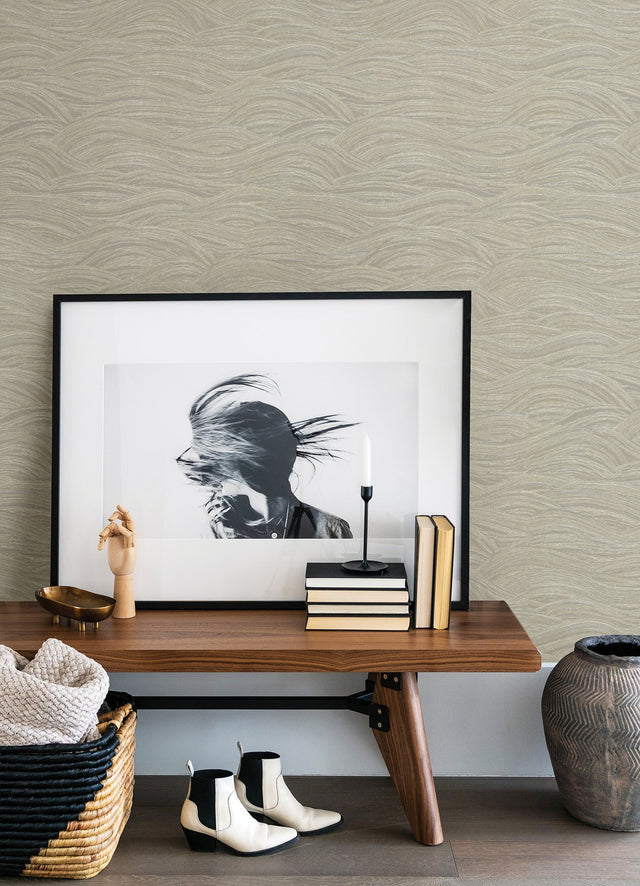 Leith Taupe Zen Waves Wallpaper with Metallic Textured Abstract Geometric Motif - Brewster 2971-86366