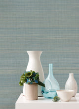 Mai Turquoise Abaca Grasscloth Wallpaper with Modern Striped Graphics - A?Street Prints 2972-86101