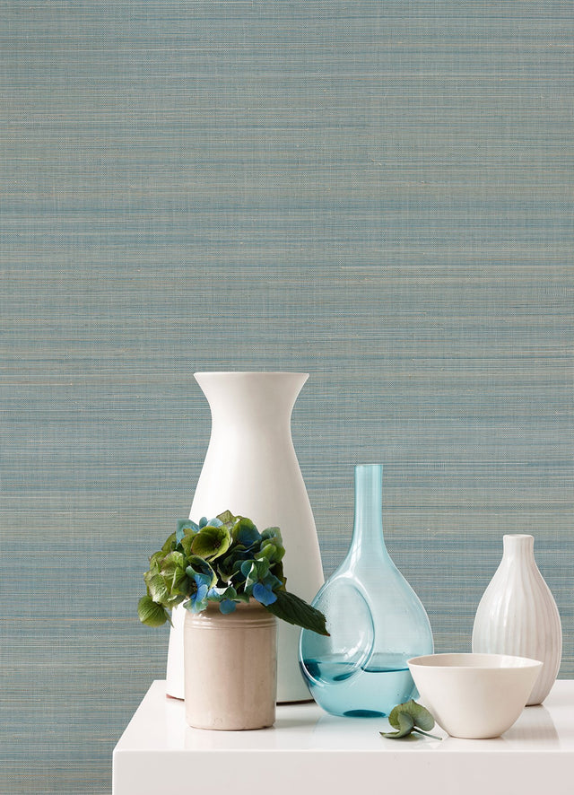 Mai Turquoise Abaca Grasscloth Wallpaper with Modern Striped Graphics - A?Street Prints 2972-86101