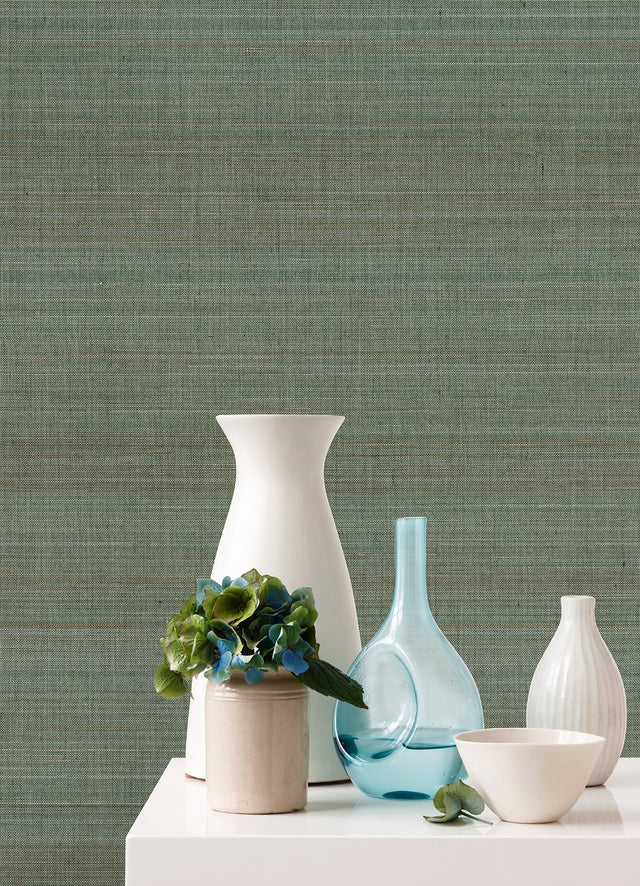Mai Teal Abaca Grasscloth Wallpaper with Modern Striped Graphic Texture - A?Street Prints 2972-86102