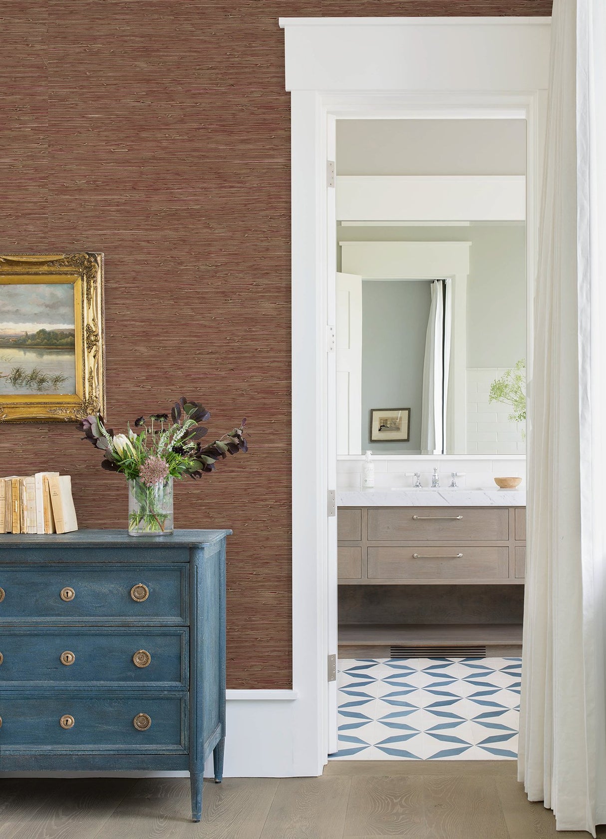 Shuang Raspberry Handmade Grasscloth Wallpaper with Distressed Textures - A-Street Prints 2972-86109